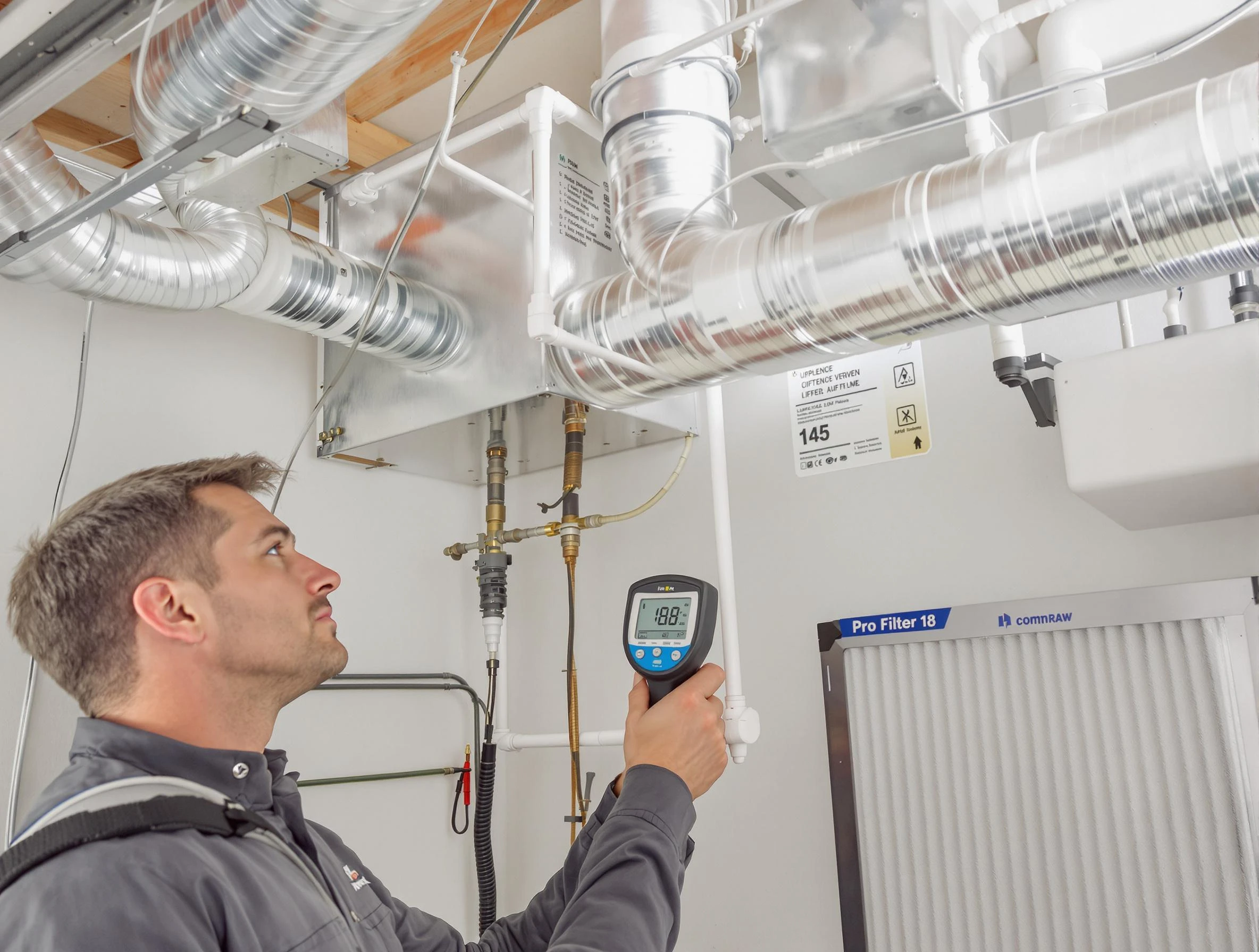 Highlands Ranch Air Duct Cleaning expert conducting detailed filter system inspection using diagnostic tools in Highlands Ranch